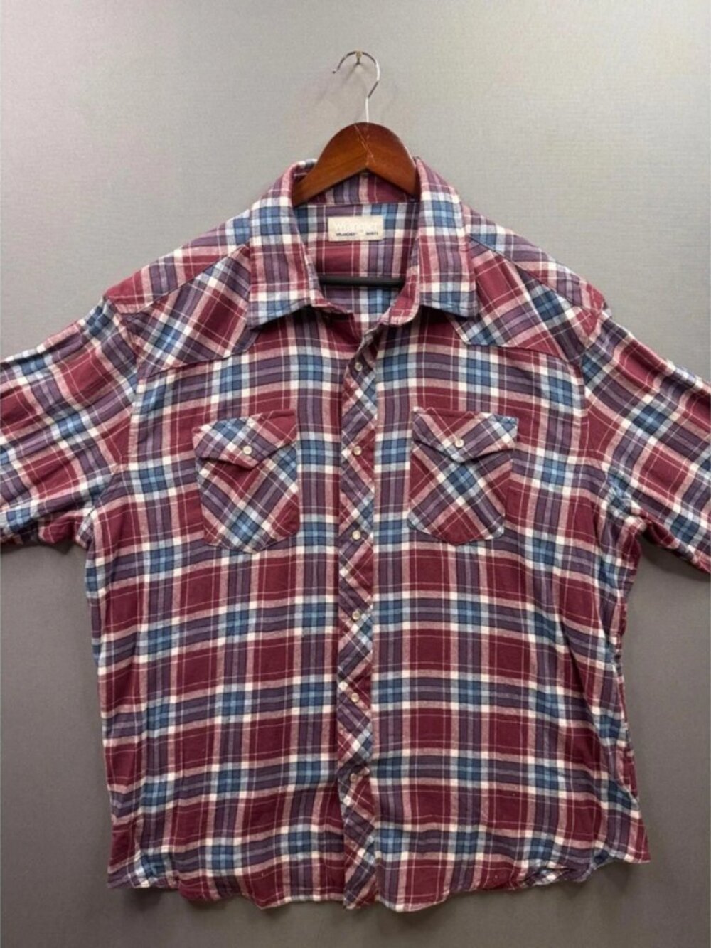 Wrangler Wrancher Western Shirt Mens Burgundy Blue Plaid Snap Short Sleeve XXL